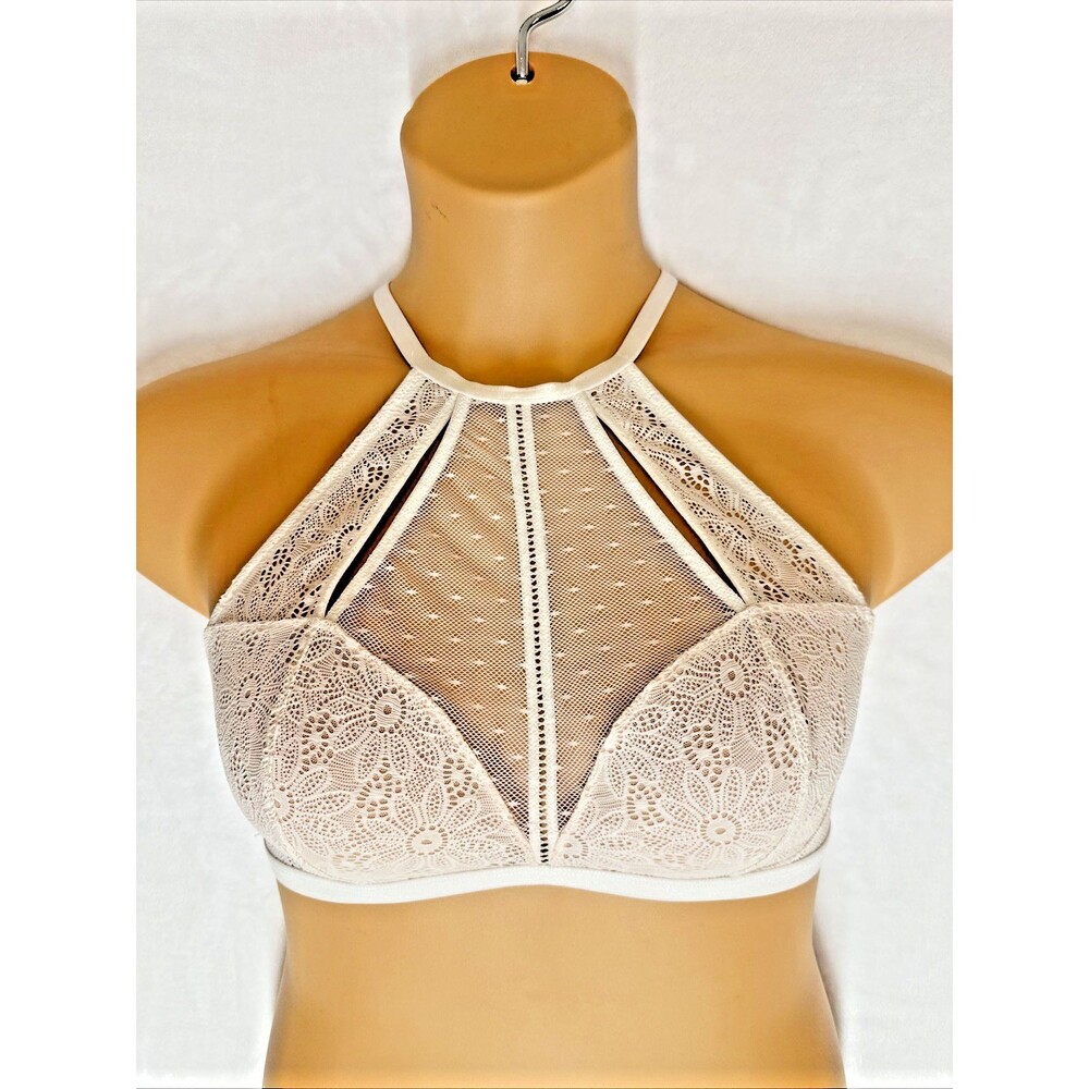 Victoria’s Secret Lace High Neck cream Bralette Mesh Sexy Tee Lightly Lined L